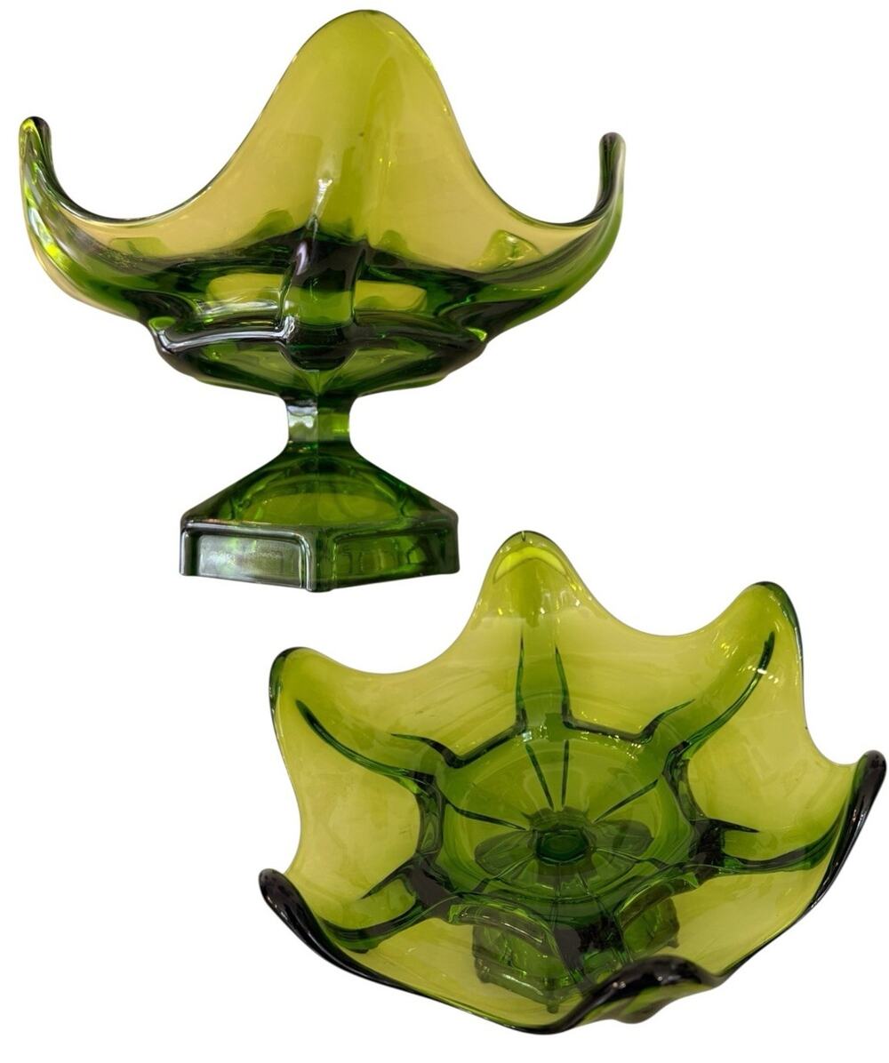 Vintage MCM Viking Epic 6 Petal Green Art Glass Bowl Footed Pedestal Compote